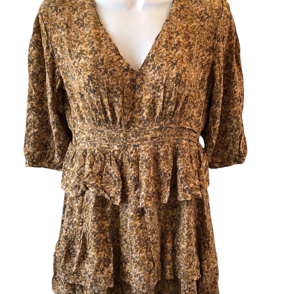 BA&SH Nina tiered printed crepe mini dress in mustard - Picture 3 of 11